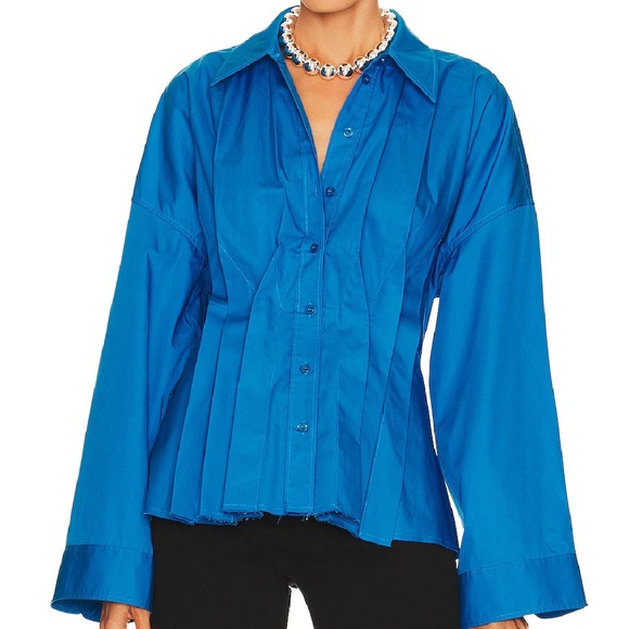 L'Academie Tops - Revolve Blue Pleated Button Down Shirt